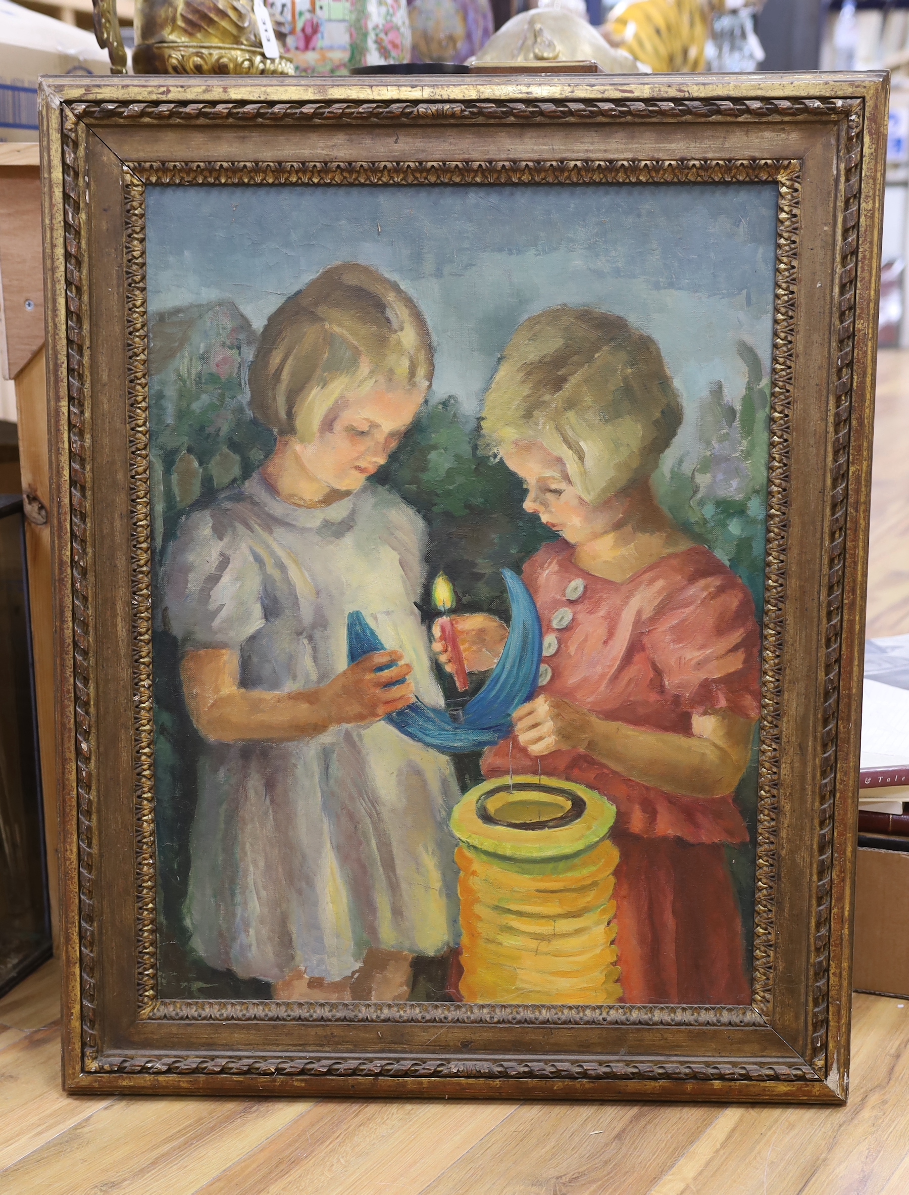 English School c.1930, oil on canvas, Children with lanterns, 72 x 54cm